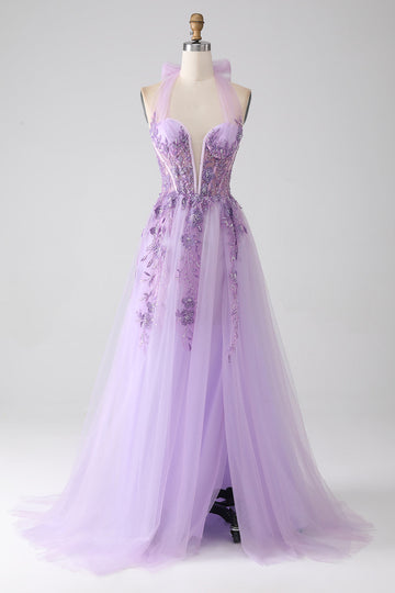 Vestido de fiesta largo con cuentas con cuello halter gris púrpura